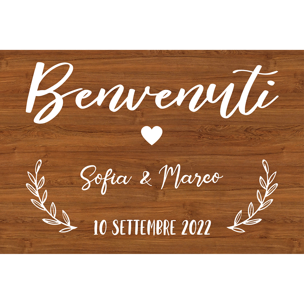cartello targa benvenuti personalizzata con foliage dettaglio noce